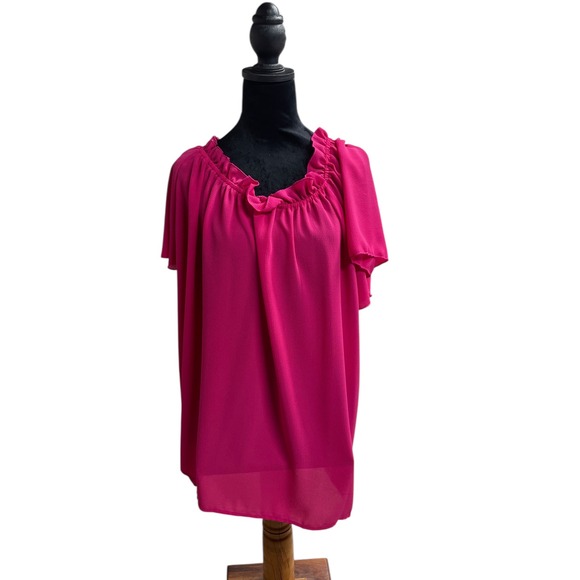 Ruffled Hot Pink Blouse Flowy Short Sleeve Top Lightweight Woman's Plus Size XXL - Picture 1 of 3